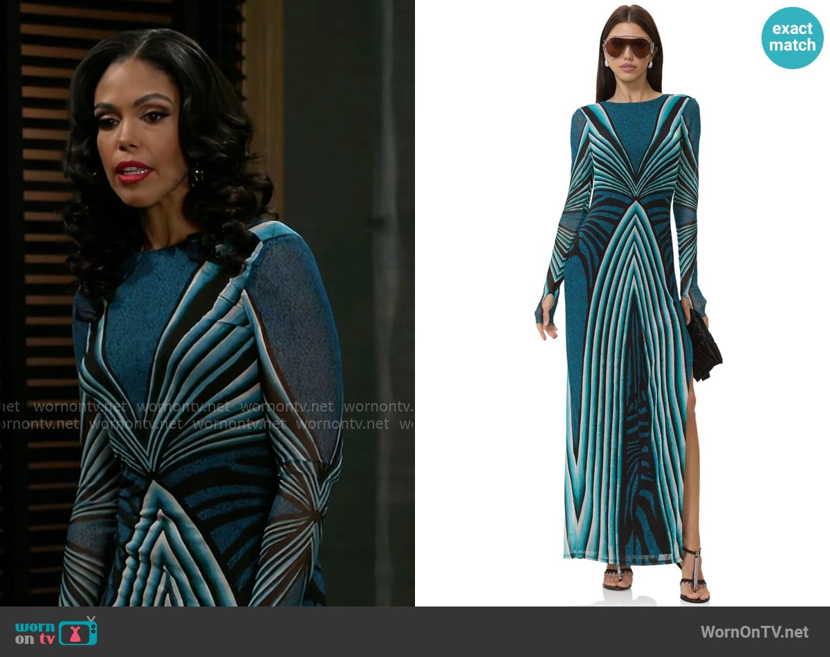 AFRM Nettie Dress in Aqua Animal worn by Dani Dupree (Karla Mosley) on Beyond the Gates