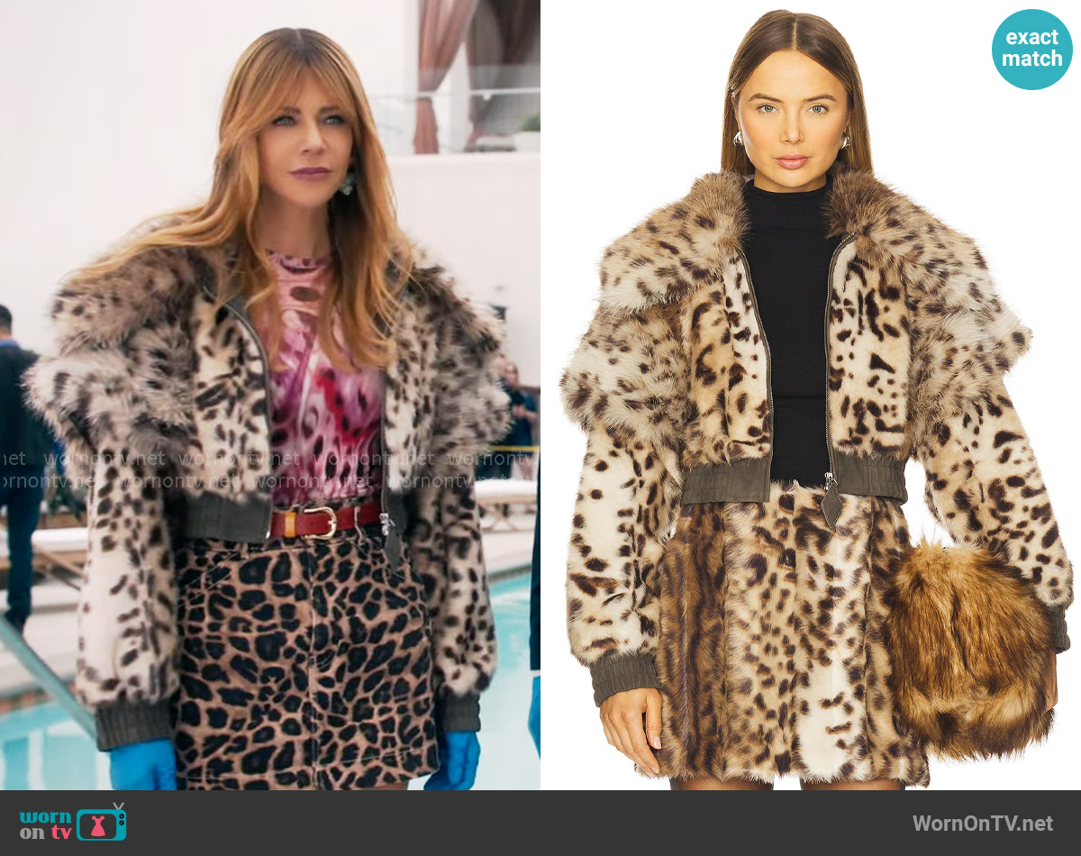 Aknvas Valde Faux Fur Lynx Bomber Jacket worn by Morgan Gillory (Kaitlin Olson) on High Potential