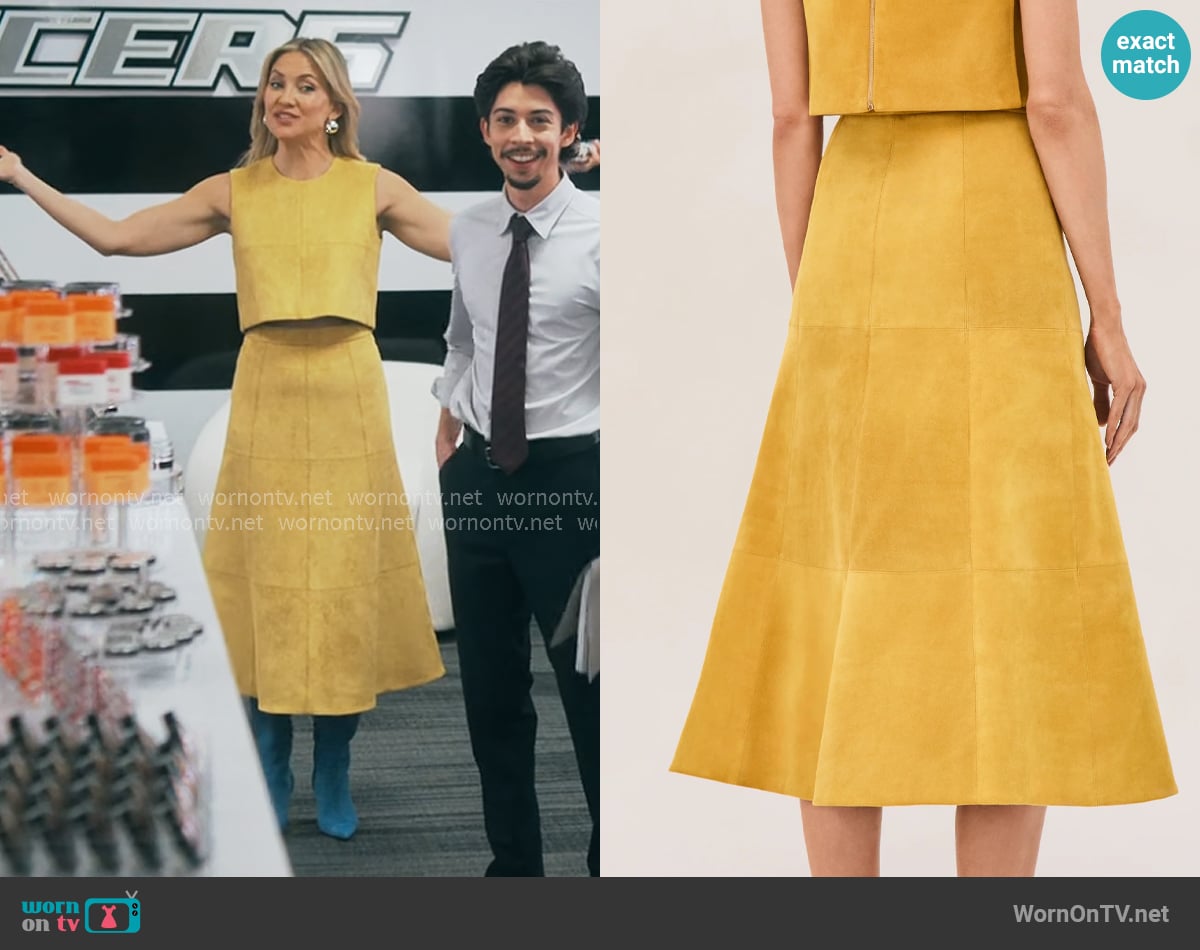 Alexis Bently Skirt in Citrine Suede worn by Isla Gordon (Kate Hudson) on Running Point