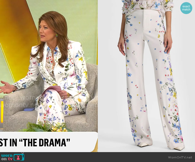 Alice + Olivia Andrew Pants in Twisting Vines Off White worn by Norah O'Donnell on CBS Mornings