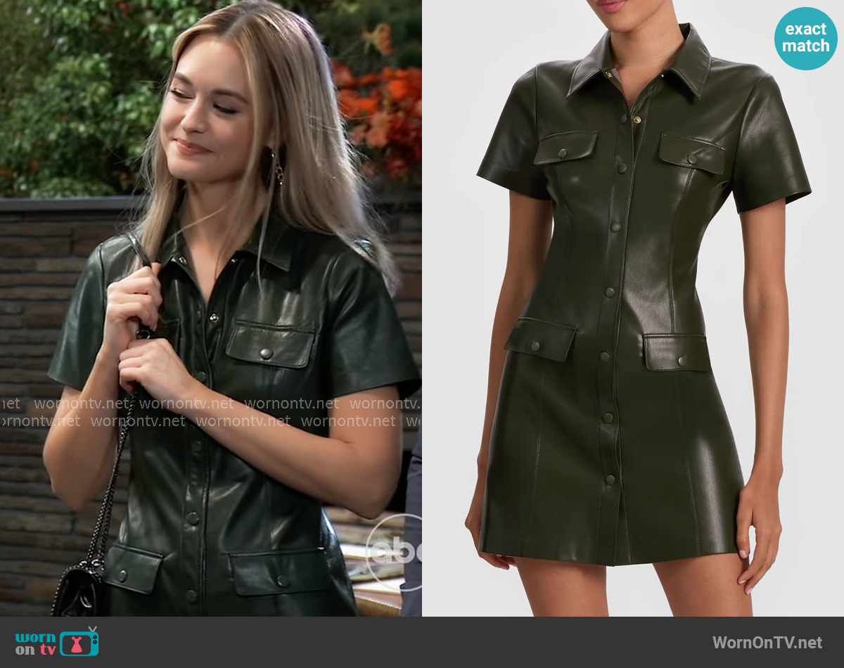 Alice + Olivia Jamie Faux Leather Mini Shirtdress worn by Jacinda Bracken (Paige Herschell) on General Hospital