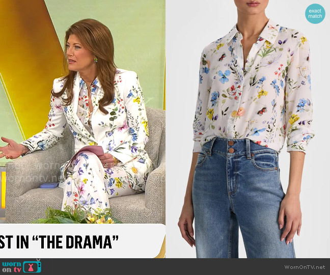 Alice + Olivia Willa Shirt in Twisting Vines Off White worn by Norah O'Donnell on CBS Mornings