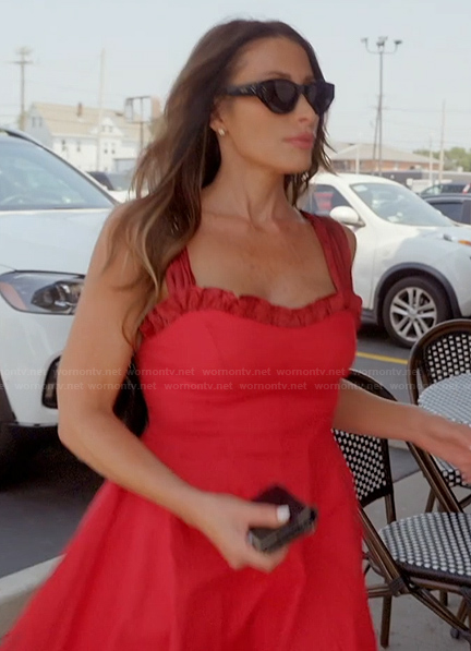 Alicia’s red ruffle trim dress on The Real Housewives of Rhode Island