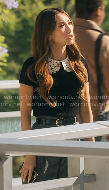 Ali’s black crochet collar top on Running Point