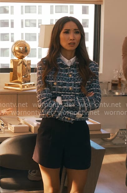 Ali’s blue tweed jacket on Running Point