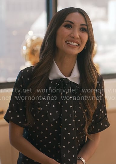 Ali’s dark brown dotted print dress on Running Point