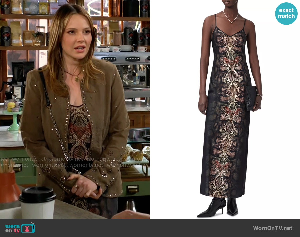All Saints Bryony Dress in Ophis Black worn by Tessa Porter (Cait Fairbanks) on The Young and the Restless