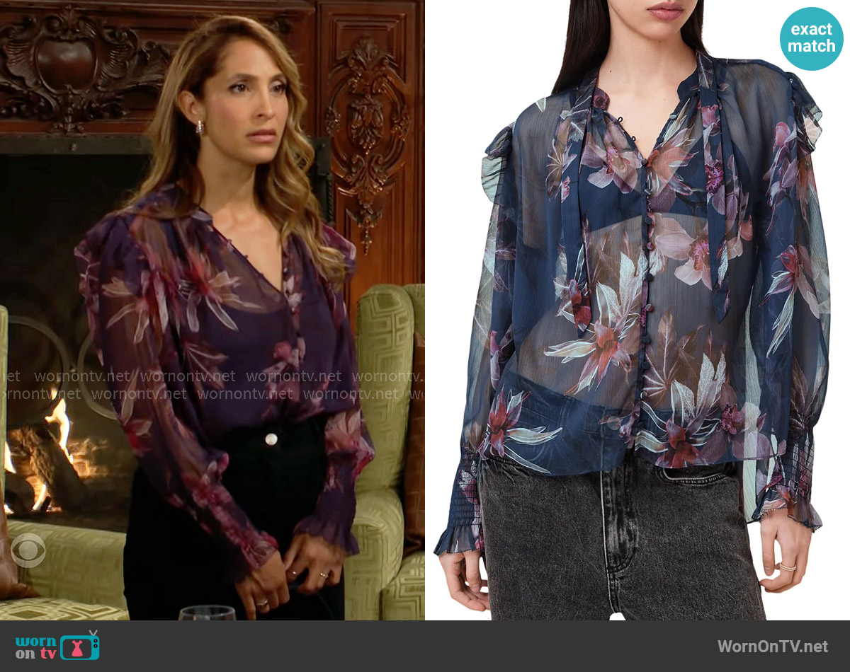 All Saints Lara Shirt in Adena Deep Blue worn by Lily Winters (Christel Khalil) on The Young and the Restless