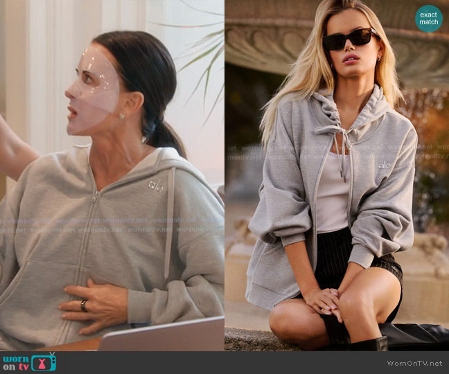 Alo Accolade Full Zip Hoodie in Athletic Heather Grey worn by Kyle Richards on The Real Housewives of Beverly Hills
