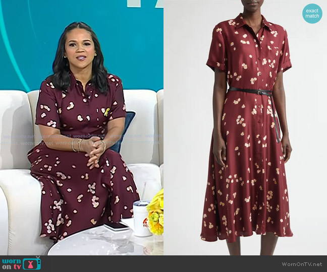 Altuzarra Kiera Silk Shirtdress in Maroon Allover Petals worn by Laura Jarrett on Today