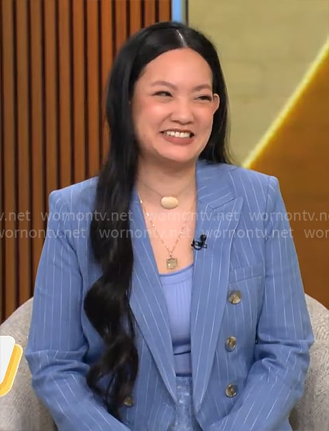 Amanda Nguyen’s blue pinstripe blazer and sequin skirt on CBS Mornings