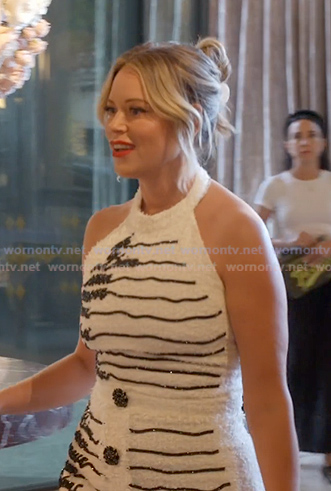 Amanda’s white striped boucle top and mini skirt on The Real Housewives of Beverly Hills