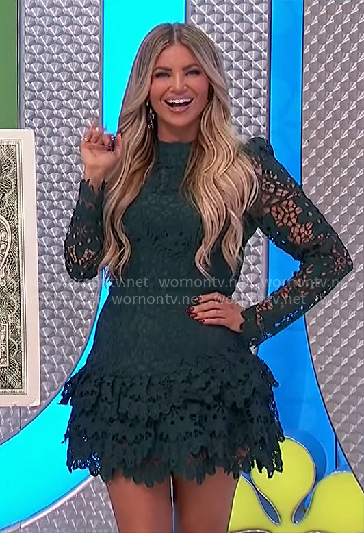 Amber’s green lace mini dress on The Price is Right
