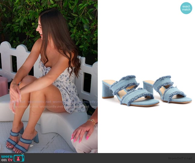 Amely Mid Block Denim Sandal Schutz worn by Michelle Saniei on The Valley