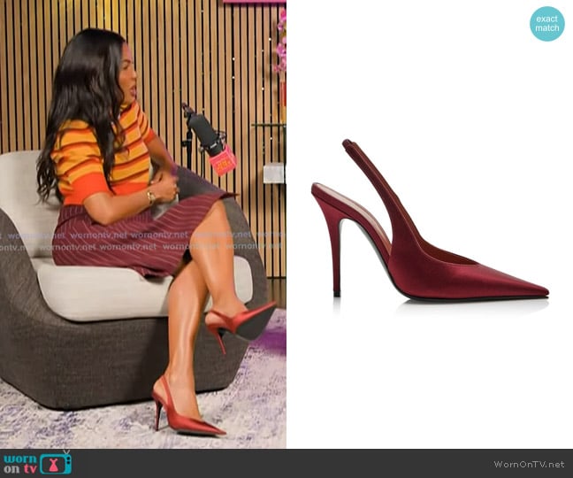 Amina Muaddi Anok 105 Satin Slingback Pumps worn by Emma Grede on Today
