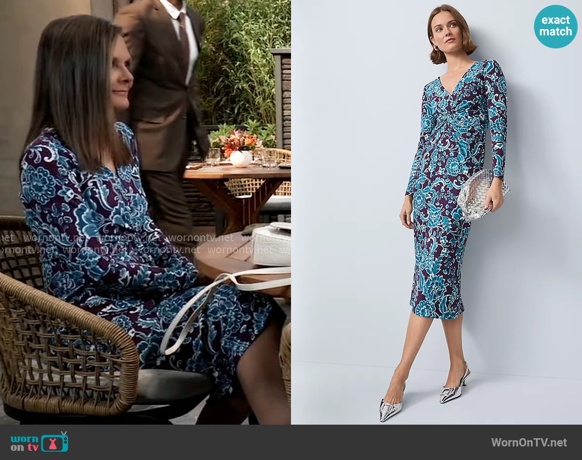 Ann Taylor Floral V-Neck Knit Dress in Aubergine Dream worn by Lucy Coe (Lynn Herring) on General Hospital