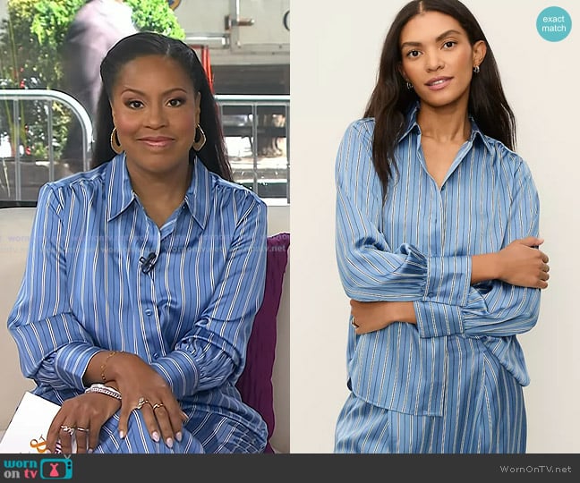 Ann Taylor Striped Satin Collared Shirt in Muted Sky worn by Sheinelle Jones on Today
