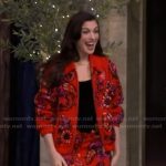 Anne Hathaway’s red floral embellished jacket on Live with Kelly and Mark