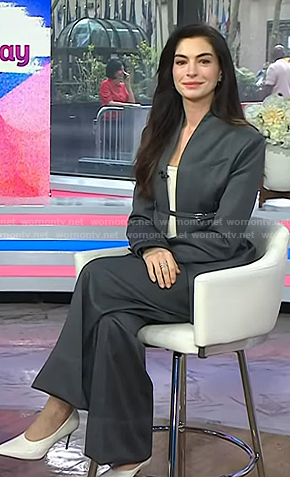 Anne Hathaway’s grey belted blazer and pant suit on Today