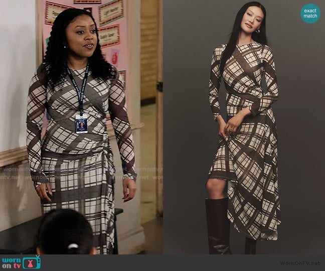 Anthropologie Long-Sleeve Ruched Mesh Midi Dress worn by Janine Teagues (Quinta Brunson) on Abbott Elementary