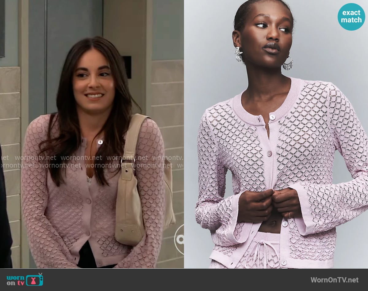 Anthropologie Pointelle Crew-Neck Cardigan Sweater in Dusty Violet worn by Molly Lansing-Davis (Kristen Vaganos) on General Hospital