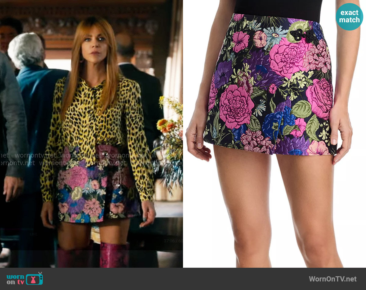Aqua Floral Brocade Mini Skirt worn by Morgan Gillory (Kaitlin Olson) on High Potential
