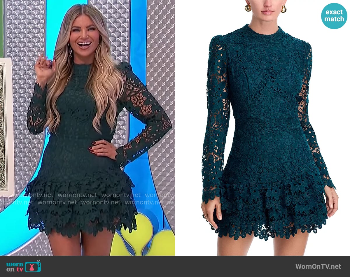 Aqua Lace Long Sleeve Flounce Mini Dress worn by Amber Lancaster on The Price is Right
