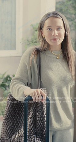 Ashley’s brown woven tote bag on Beef