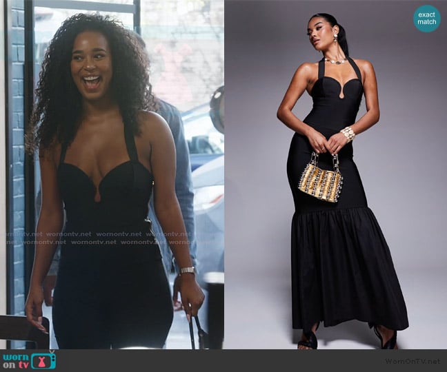 ASOS Scoop detail halter neck bandage top in black worn by Mia Calabrese on Summer House