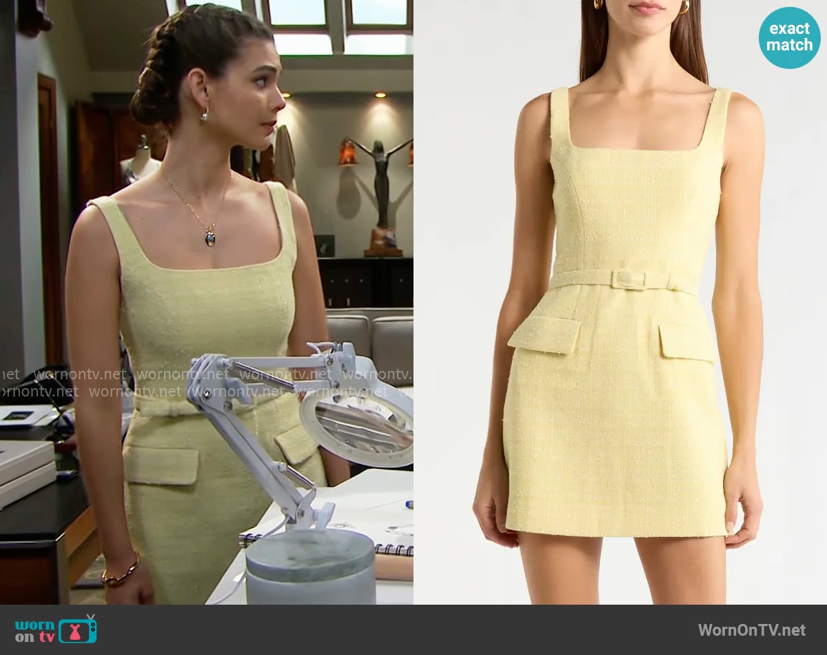 ASTR The Label Adelyn Belted Tweed Minidress in Yellow worn by Electra Forrester (Laneya Grace) on The Bold and the Beautiful