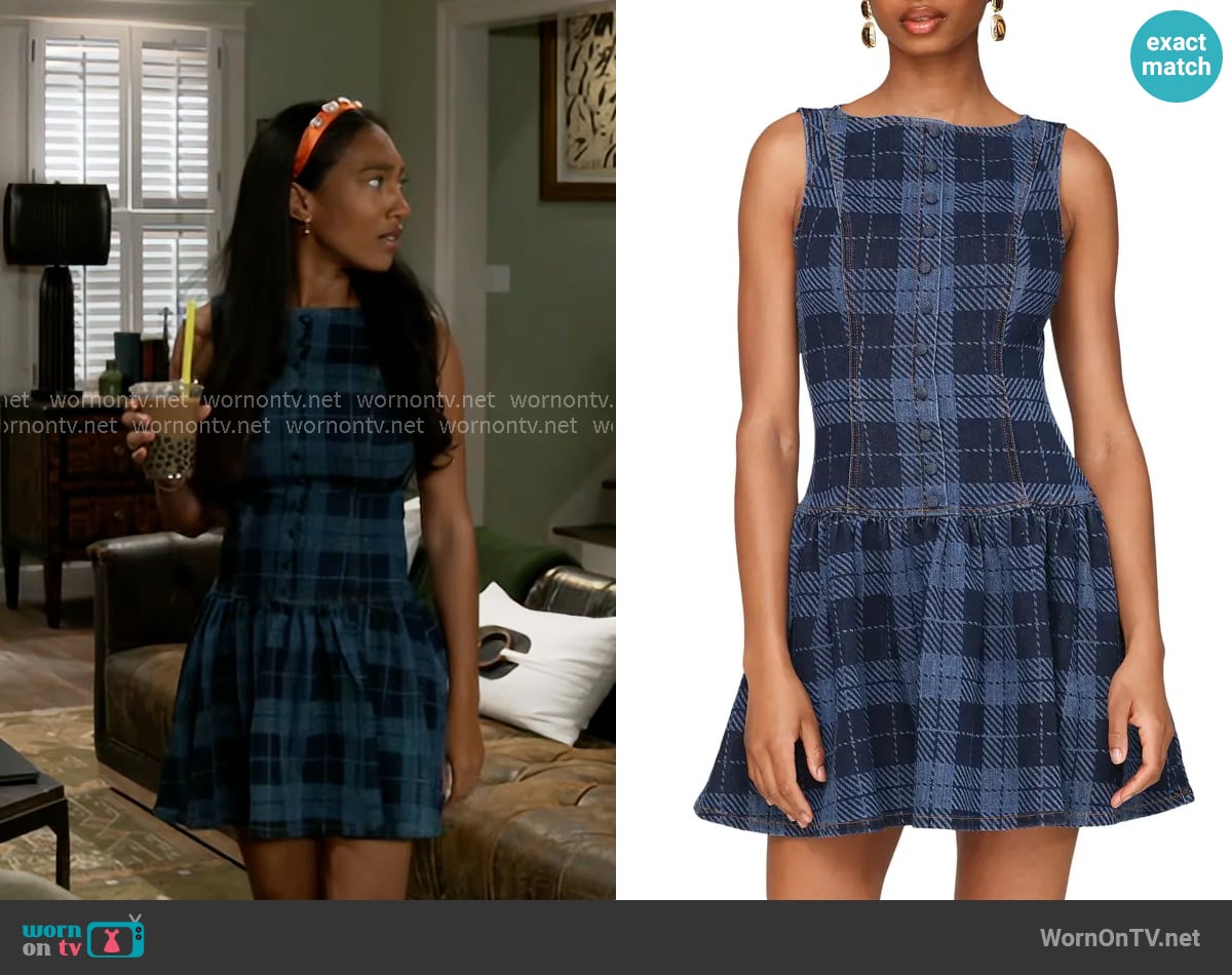 Avec Les Filles Plaid Drop Waist Cotton Blend Denim Dress worn by Samantha Richardson (Najah Jackson) on Beyond the Gates