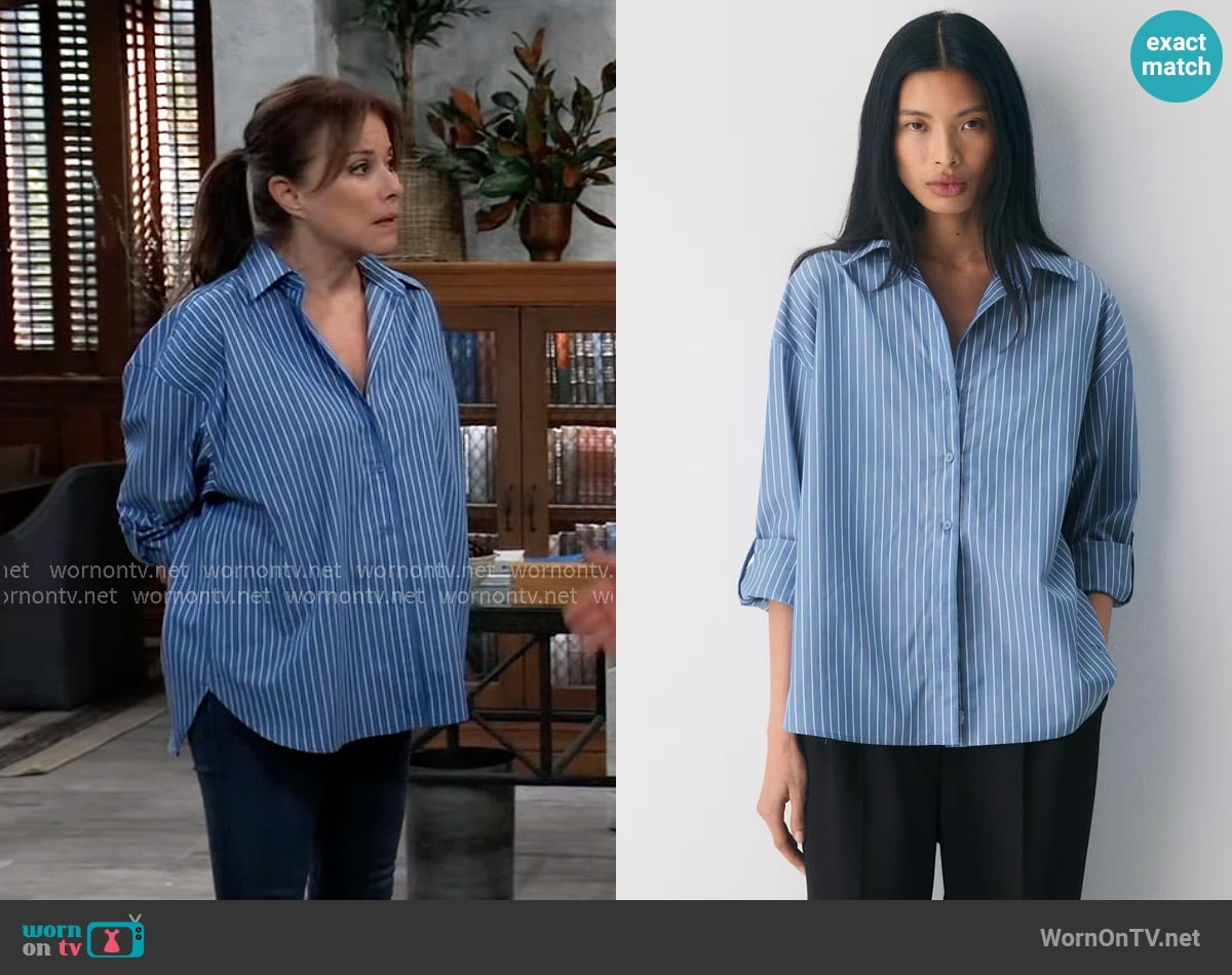 Babaton Archive Poplin Shirt in mtchl strp fr blu/wt worn by Alexis Davis (Nancy Lee Grahn) on General Hospital