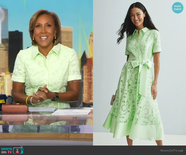 Badgley Mischka Belted Lace Shirt Dress worn by Robin Roberts on Good Morning America