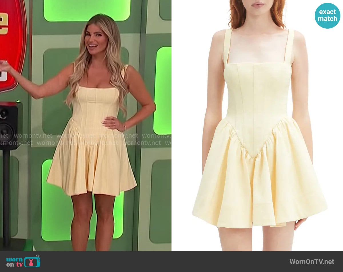 Bardot Larson Corset Fit & Flare Minidress in Canary Yellow worn by Amber Lancaster on The Price is Right