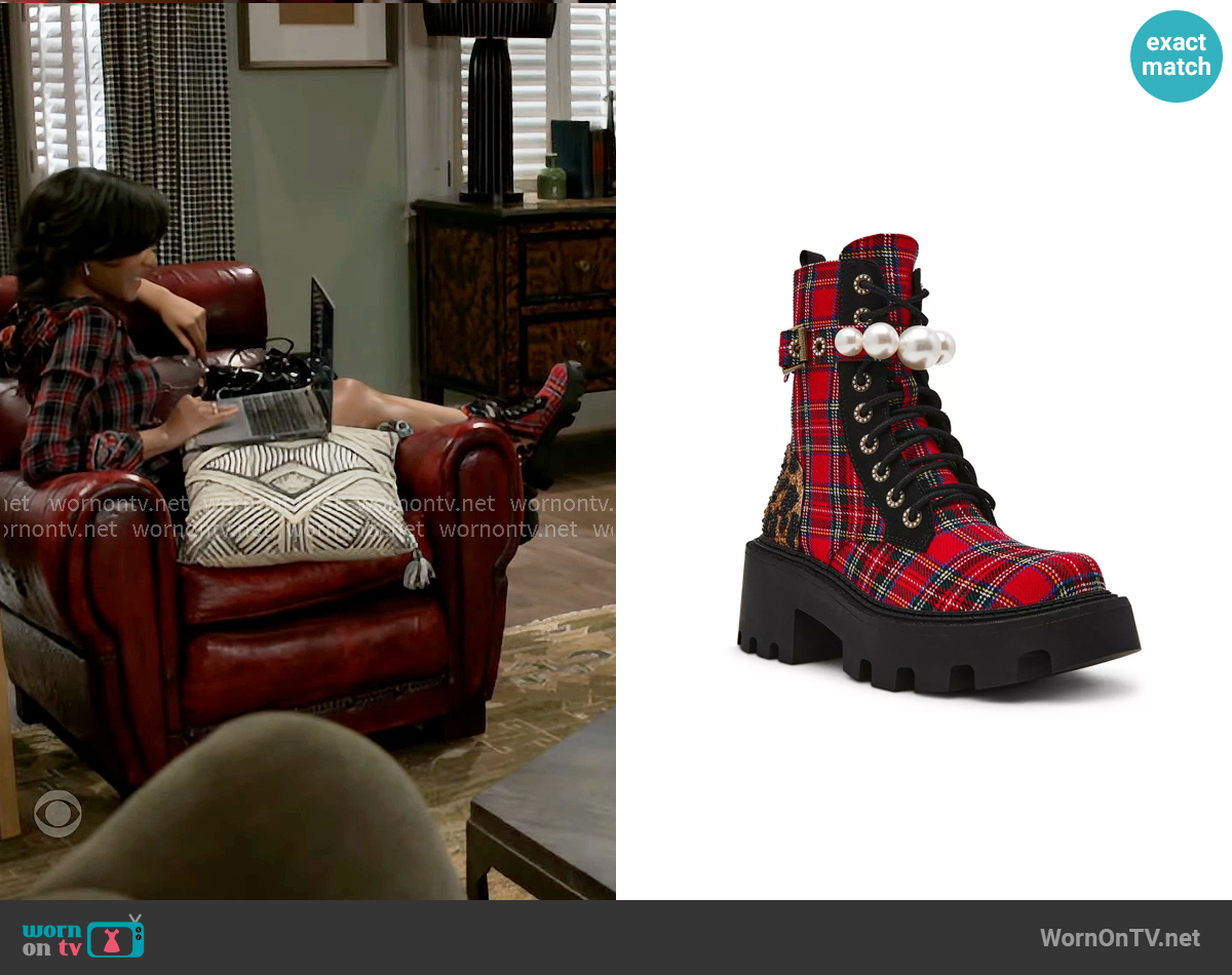 Betsey Johnson Jonnie Embellished Combat Booties in Red Plaid worn by Jessica Harris (Camryn Jade) on Beyond the Gates