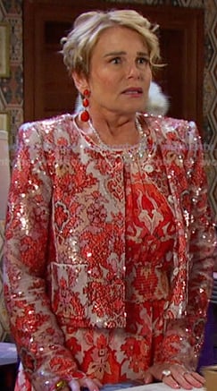 Bonnie’s pink print tiered dress and sequin jacket on Days of our Lives