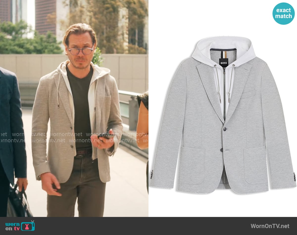 BOSS Slim-fit jacket with integrated hoodie worn by Ness Gordon (Scott MacArthur) on Running Point