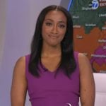 Brittany Bell’s purple v-neck belted dress on Good Morning America