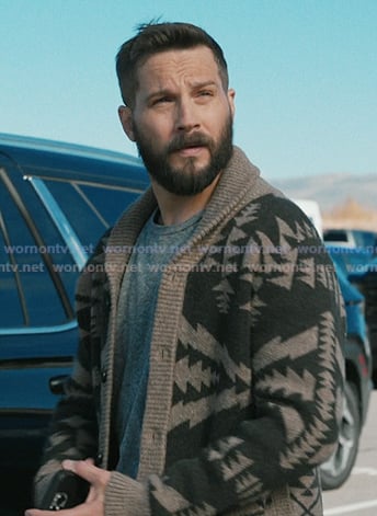 Cal’s beige print shawl collar cardigan on Marshals