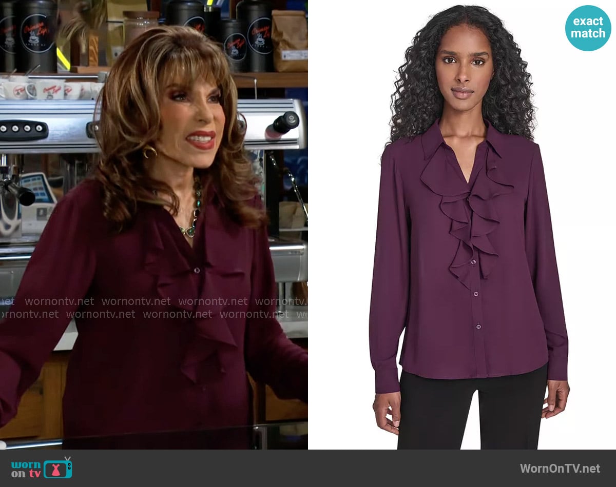 Calvin Klein Solid Long Sleeve Ruffle Front Blouse worn by Esther Valentine (Kate Linder) on The Young and the Restless