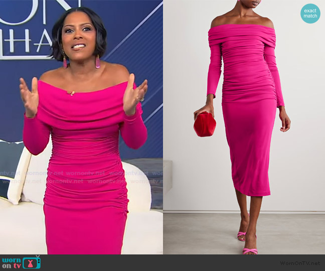 Carolina Herrera Off-the-shoulder ruched stretch-jersey midi dress worn by Tamron Hall on Tamron Hall Show