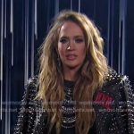 Carrie’s black studded leather moto jacket and shorts on American Idol