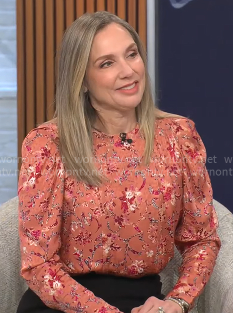 Catherine Fisher’s coral floral blouse on CBS Mornings