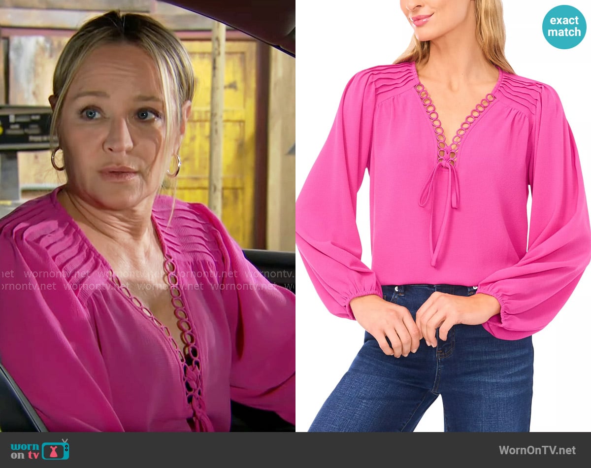 CeCe Circular Trim Pin-Tuck Long-Sleeve Top in Deep Orchid worn by Sharon Newman (Sharon Case) on The Young and the Restless
