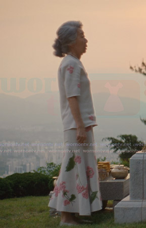 Chairwoman Park’s white floral embroidered sweater and skirt on Beef