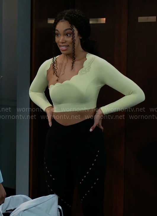 Chelseas lime green scalloped workout top and leggings on Beyond the Gates