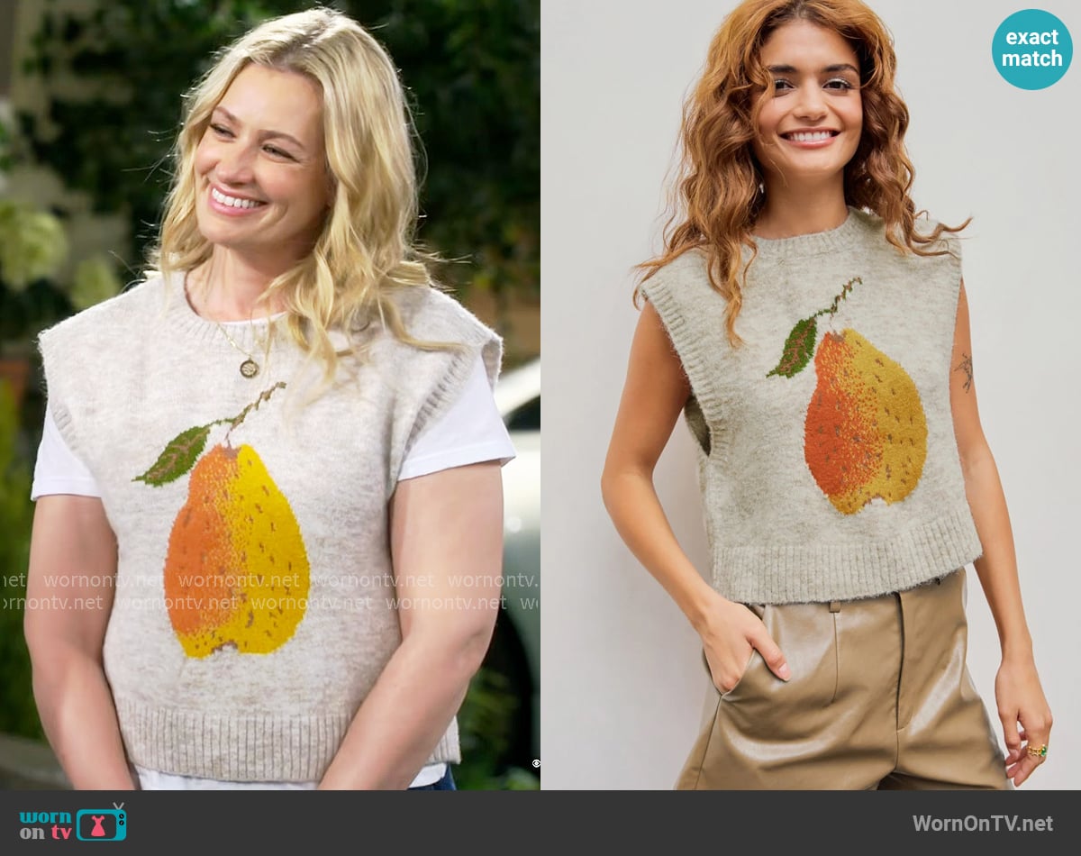 Cider Knit Wool-blend Round Neck Pear Graphic Vest worn by Gemma (Beth Behrs) on The Neighborhood
