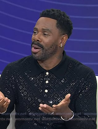 Colman Domingo’s black embellished long sleeve polo on Today