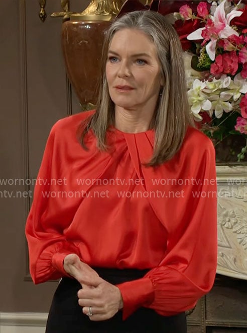 Diane’s red pleated blouse on The Young and the Restless