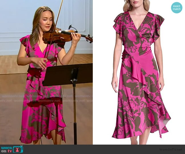 DKNY Cap-Sleeve Surplice Neck Ruffle Midi Dress worn by Jennifer Song on Tamron Hall Show